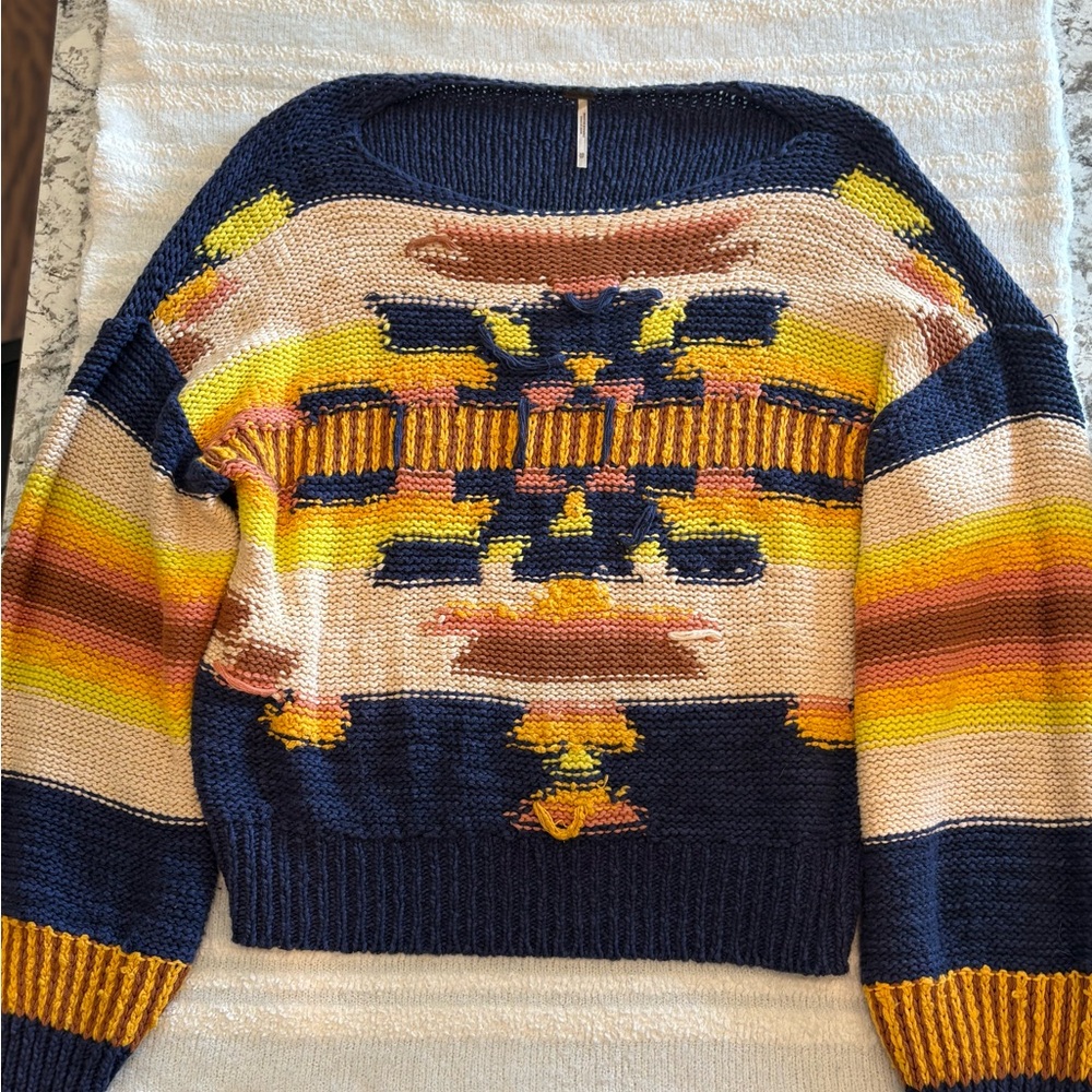 Free People Navy and Yellow Patterned Sweater like new condition
